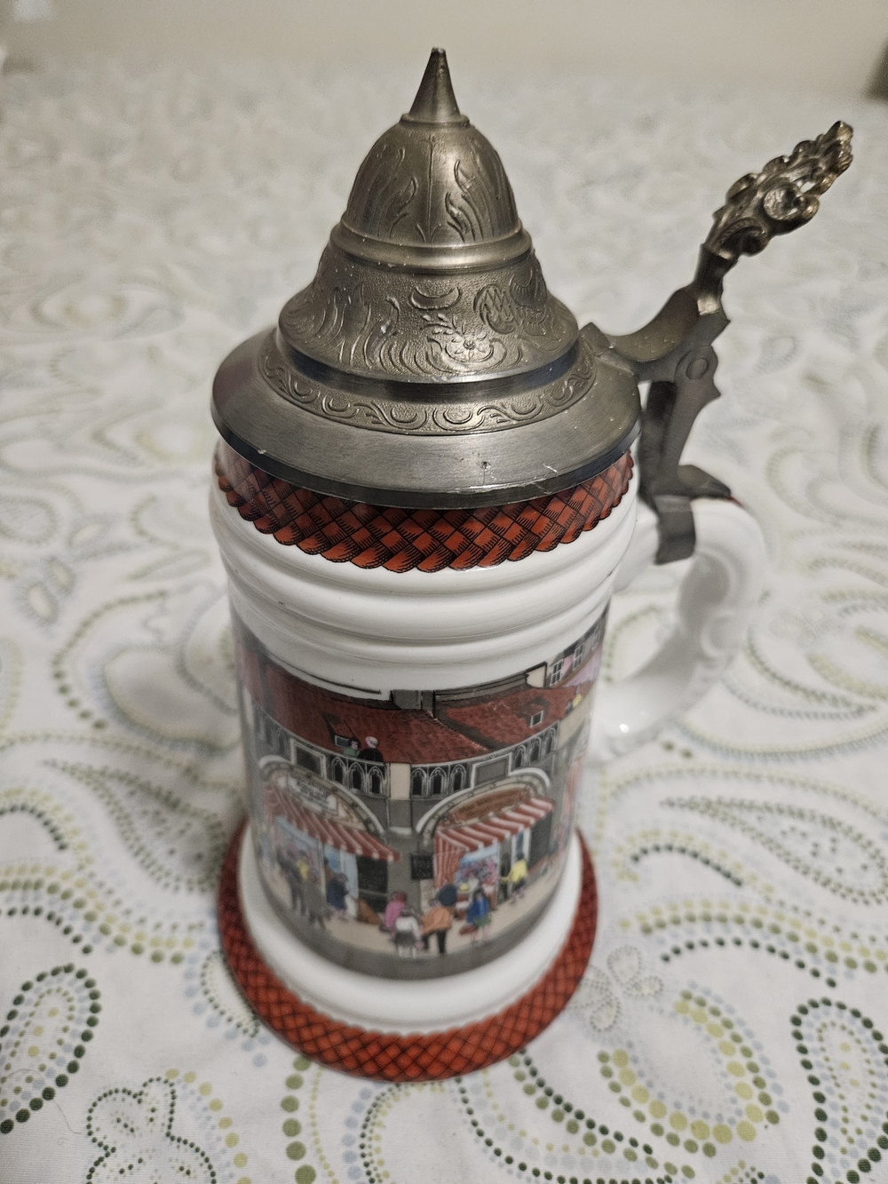 White and Red Ceramic Beer Stein with Decorative Pewter Lid - Picture 3 of 10